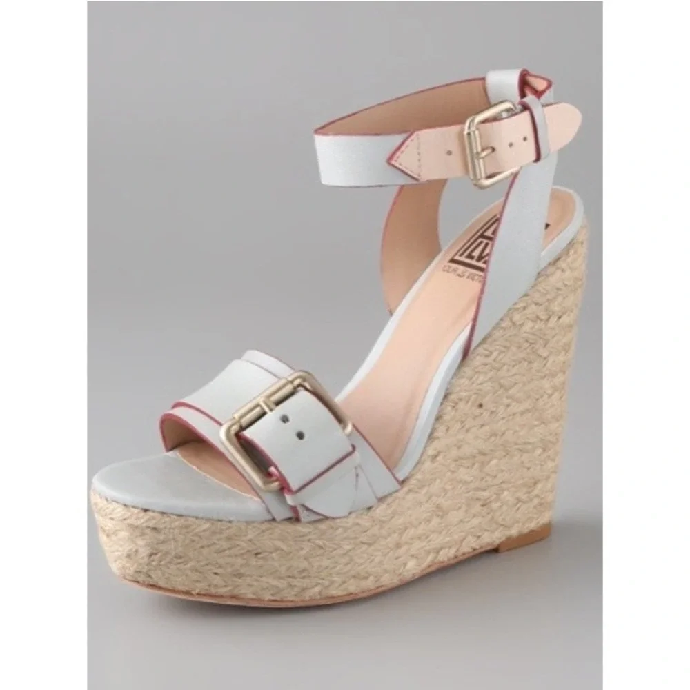 Pour La Victoire Wedge Sandals Ice Blue Red Leather‎ Espadrille Womens 9 NEW